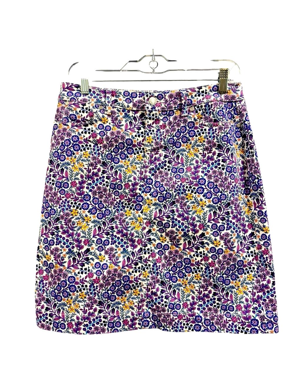 Talbots Vibrant Purple Yellow Floral A-Line Skirt Stretch Denim Preppy, Size 4